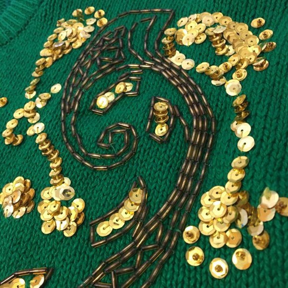 Vintage 80s Green Gold Sweater St Patricks Day Fighting Irish Beaded Sequins (BT - Picture 8 of 16